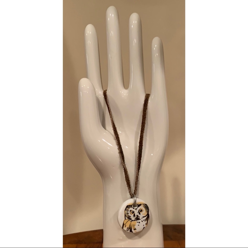 Owl Ceramic Necklace with Leather Chain